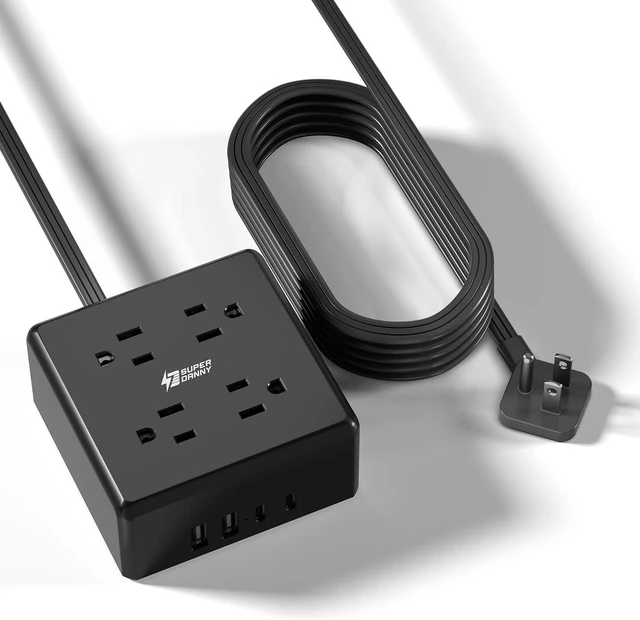Main image of Power Strip, SUPERDANNY 4-Outlet 4-USB Surge Protector, 5 Ft Extension Cord, 900 Joules, Overload Switch, Grounded, Mountable, Desktop Charging Station for Home, Office, School, Dorm, Computer, Black