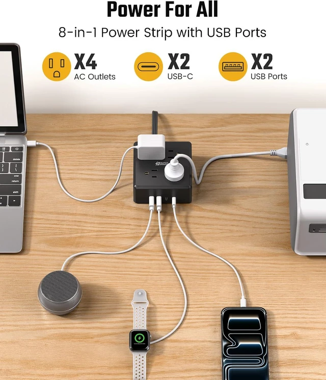 Alt view image 2 of 7 - Power Strip, SUPERDANNY 4-Outlet 4-USB Surge Protector, 5 Ft Extension Cord, 900 Joules, Overload Switch, Grounded, Mountable, Desktop Charging Station for Home, Office, School, Dorm, Computer, Black