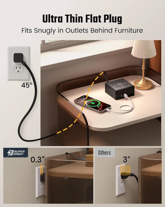 Alt view image 3 of 7 - Power Strip, SUPERDANNY 4-Outlet 4-USB Surge Protector, 5 Ft Extension Cord, 900 Joules, Overload Switch, Grounded, Mountable, Desktop Charging Station for Home, Office, School, Dorm, Computer, Black