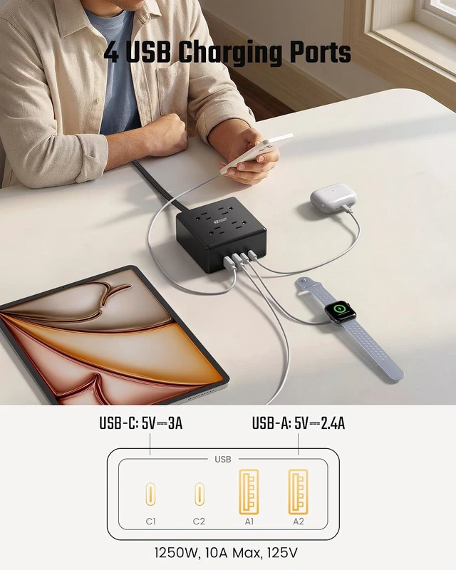 Alt view image 4 of 7 - Power Strip, SUPERDANNY 4-Outlet 4-USB Surge Protector, 5 Ft Extension Cord, 900 Joules, Overload Switch, Grounded, Mountable, Desktop Charging Station for Home, Office, School, Dorm, Computer, Black