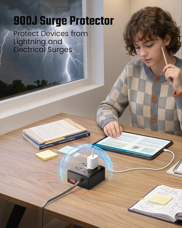 Alt view image 5 of 7 - Power Strip, SUPERDANNY 4-Outlet 4-USB Surge Protector, 5 Ft Extension Cord, 900 Joules, Overload Switch, Grounded, Mountable, Desktop Charging Station for Home, Office, School, Dorm, Computer, Black