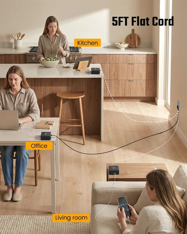 Alt view image 6 of 7 - Power Strip, SUPERDANNY 4-Outlet 4-USB Surge Protector, 5 Ft Extension Cord, 900 Joules, Overload Switch, Grounded, Mountable, Desktop Charging Station for Home, Office, School, Dorm, Computer, Black