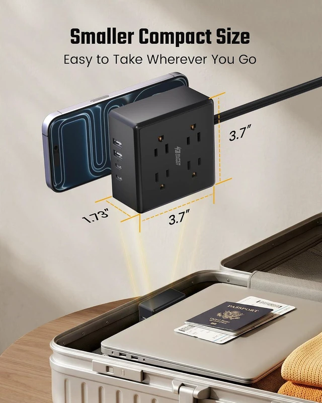 Alt view image 7 of 7 - Power Strip, SUPERDANNY 4-Outlet 4-USB Surge Protector, 5 Ft Extension Cord, 900 Joules, Overload Switch, Grounded, Mountable, Desktop Charging Station for Home, Office, School, Dorm, Computer, Black