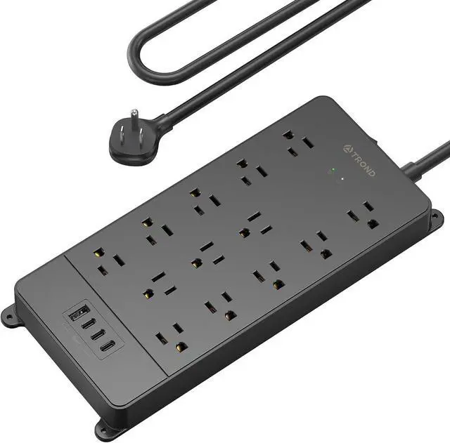 Main image of TROND Surge Protector Power Strip 5ft Cord, 4000J, 4 USB, ETL Listed, Black | 13 Widely-Spaced Outlets Expansion with USB C Ports, Low-Profile Flat Plug, Wall Mount, Extension Cord, 14AWG Heavy Duty