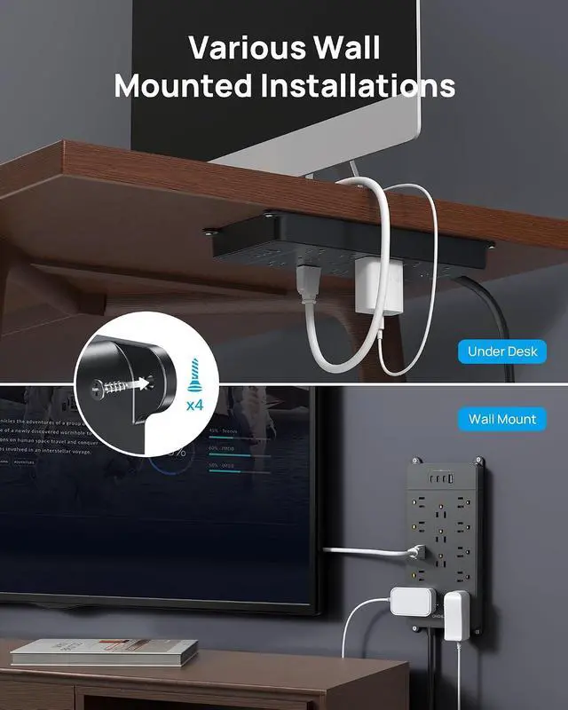 Alt view image 2 of 7 - TROND Surge Protector Power Strip 5ft Cord, 4000J, 4 USB, ETL Listed, Black | 13 Widely-Spaced Outlets Expansion with USB C Ports, Low-Profile Flat Plug, Wall Mount, Extension Cord, 14AWG Heavy Duty