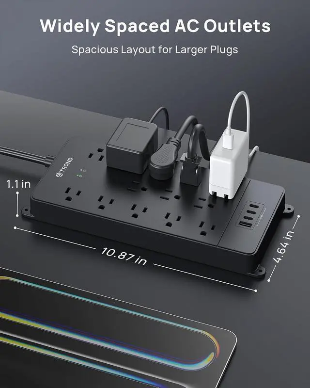 Alt view image 7 of 7 - TROND Surge Protector Power Strip 5ft Cord, 4000J, 4 USB, ETL Listed, Black | 13 Widely-Spaced Outlets Expansion with USB C Ports, Low-Profile Flat Plug, Wall Mount, Extension Cord, 14AWG Heavy Duty