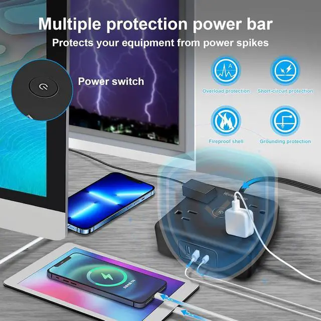 Alt view image 5 of 7 - 2 Pack Ultra Flat Plug Power Strip,Power Strips with 4 Widely Outlets,6 ft Flat Plug Extension Cord with 3 USB Ports(1 USB C Port),Slim Desk Charging Station,Black