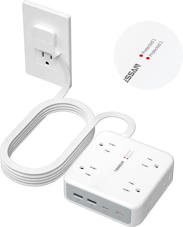 Main image of TESSAN Dual Surge Protector Power Strip, 15 Ft Extension Cord Flat Plug | 4 USB (2 USB C) 8 Outlets, 2100J Surge Protection, 20W Multiple Charging Station for Home, Office, Dorm Room, Grey
