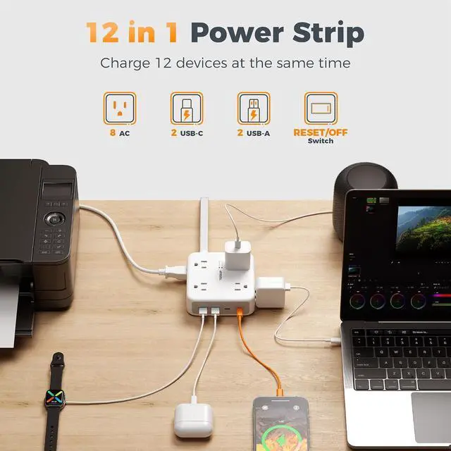 Alt view image 2 of 7 - TESSAN Dual Surge Protector Power Strip, 15 Ft Extension Cord Flat Plug | 4 USB (2 USB C) 8 Outlets, 2100J Surge Protection, 20W Multiple Charging Station for Home, Office, Dorm Room, Grey