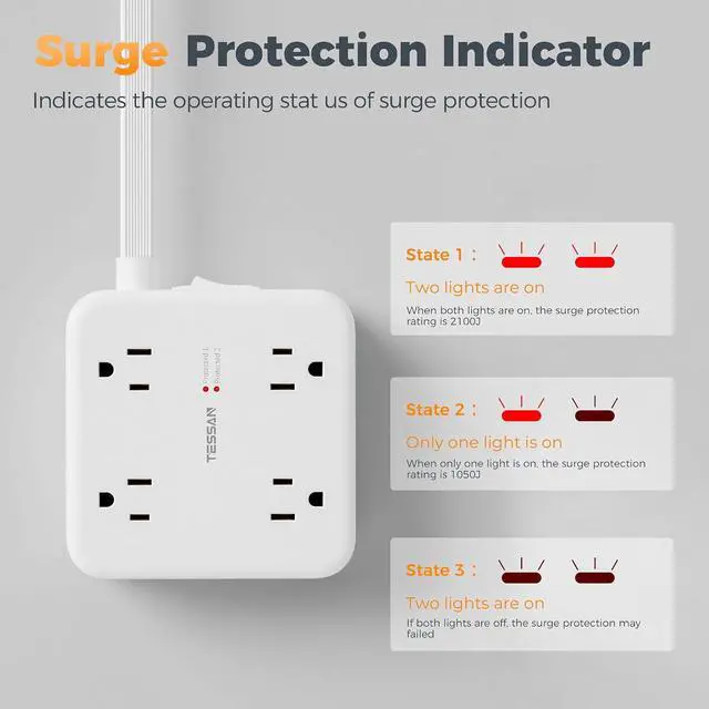 Alt view image 4 of 7 - TESSAN Dual Surge Protector Power Strip, 15 Ft Extension Cord Flat Plug | 4 USB (2 USB C) 8 Outlets, 2100J Surge Protection, 20W Multiple Charging Station for Home, Office, Dorm Room, Grey