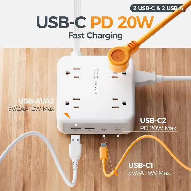 Alt view image 5 of 7 - TESSAN Dual Surge Protector Power Strip, 15 Ft Extension Cord Flat Plug | 4 USB (2 USB C) 8 Outlets, 2100J Surge Protection, 20W Multiple Charging Station for Home, Office, Dorm Room, Grey