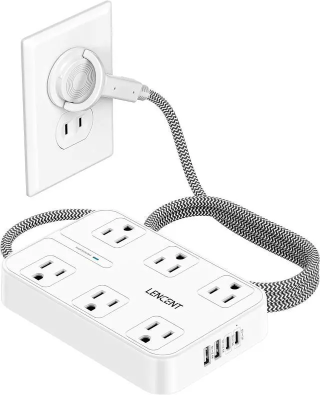 Main image of LENCENT 2 Prong Power Strip,2 to 3 Prong Outlet Adapter | Two Prong Surge Protector, 6ft Braided Flat Plug Extension Cord, 6 AC & 4 USB (2 Type C), Wall Mount for Non-Grounded Outlet