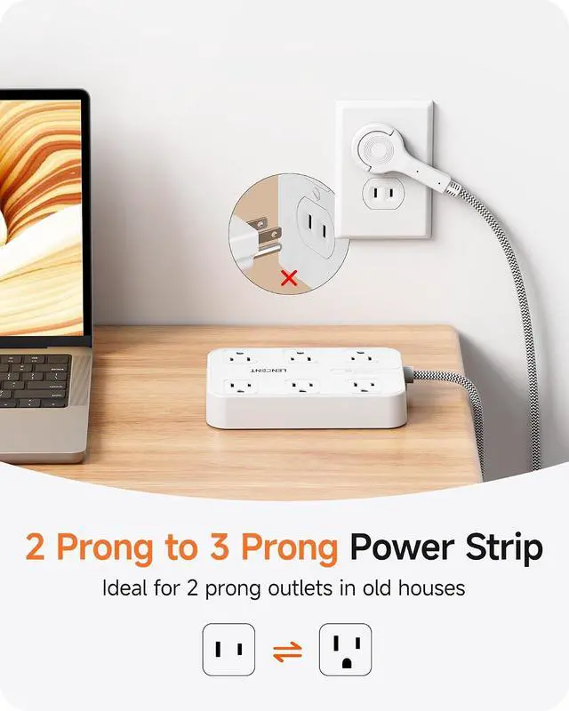 Alt view image 2 of 7 - LENCENT 2 Prong Power Strip,2 to 3 Prong Outlet Adapter | Two Prong Surge Protector, 6ft Braided Flat Plug Extension Cord, 6 AC & 4 USB (2 Type C), Wall Mount for Non-Grounded Outlet