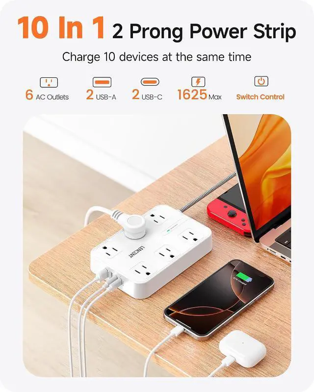 Alt view image 4 of 7 - LENCENT 2 Prong Power Strip,2 to 3 Prong Outlet Adapter | Two Prong Surge Protector, 6ft Braided Flat Plug Extension Cord, 6 AC & 4 USB (2 Type C), Wall Mount for Non-Grounded Outlet