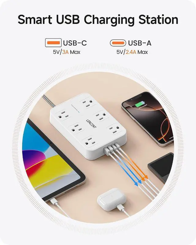 Alt view image 5 of 7 - LENCENT 2 Prong Power Strip,2 to 3 Prong Outlet Adapter | Two Prong Surge Protector, 6ft Braided Flat Plug Extension Cord, 6 AC & 4 USB (2 Type C), Wall Mount for Non-Grounded Outlet