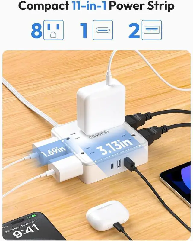 Alt view image 2 of 7 - NTONPOWER 15 FT Flat Extension Cord with 8 Widely Outlets 3 USB Ports (1 USBC), 1080J Surge Protector Power Strip, White Desk Charging Station Dorm Room Essentials