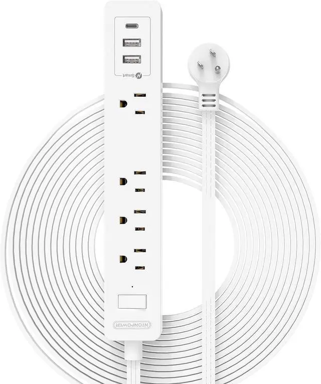 Main image of Flat Extension Cord 15 ft, NTONPOWER Ultra Thin Flat Extension Cord Under Rug, Door, Wall Mount Power Strip Flat Plug with 4 Outlets 2 USB A + USB C, Overload Protection for Home Office Indoor, White