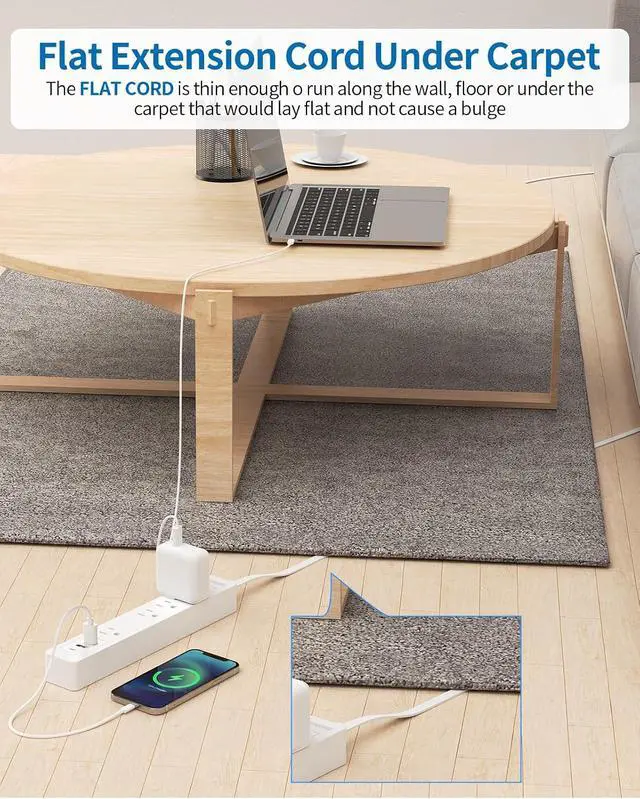 Alt view image 2 of 7 - Flat Extension Cord 15 ft, NTONPOWER Ultra Thin Flat Extension Cord Under Rug, Door, Wall Mount Power Strip Flat Plug with 4 Outlets 2 USB A + USB C, Overload Protection for Home Office Indoor, White