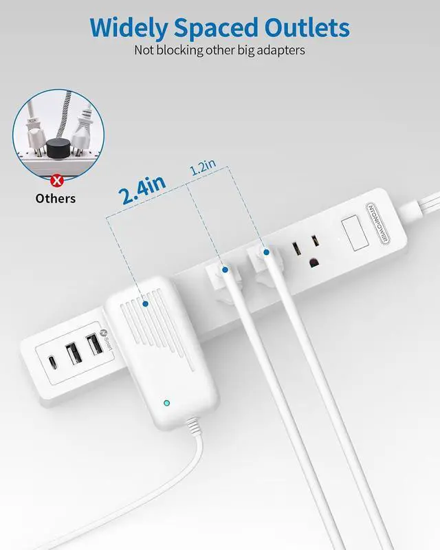 Alt view image 4 of 7 - Flat Extension Cord 15 ft, NTONPOWER Ultra Thin Flat Extension Cord Under Rug, Door, Wall Mount Power Strip Flat Plug with 4 Outlets 2 USB A + USB C, Overload Protection for Home Office Indoor, White