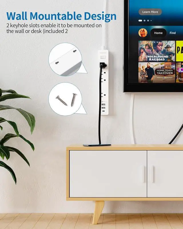 Alt view image 5 of 7 - Flat Extension Cord 15 ft, NTONPOWER Ultra Thin Flat Extension Cord Under Rug, Door, Wall Mount Power Strip Flat Plug with 4 Outlets 2 USB A + USB C, Overload Protection for Home Office Indoor, White