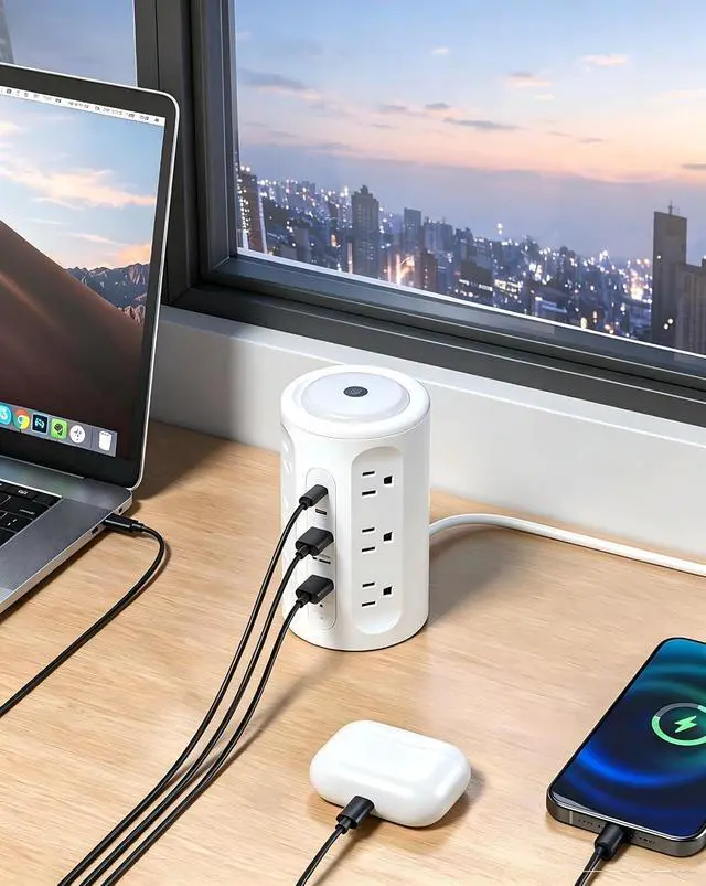 Alt view image 7 of 7 - Power Strip Tower with Night Light, Power Strip with USB Ports, 10 FT Extension Cord with Multiple Outlets (12AC+3A+2C) for Home Office Desk College Dorm Room Supplies