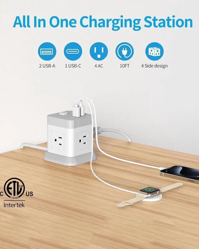 Alt view image 2 of 5 - FDTEK Cube Power Strip USB C, 4 Outlets 3 USB 10 FT Extension Cord White | 10ft Long Extension Cord Cube Design Saves Space Overload Protection for Home Office Desk & Travel Use ETL Listed