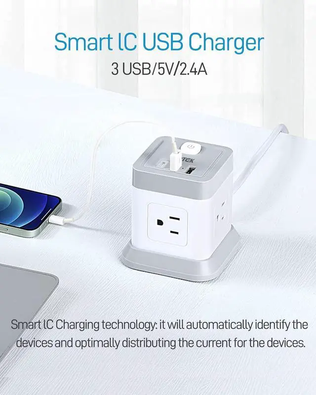 Alt view image 4 of 5 - FDTEK Cube Power Strip USB C, 4 Outlets 3 USB 10 FT Extension Cord White | 10ft Long Extension Cord Cube Design Saves Space Overload Protection for Home Office Desk & Travel Use ETL Listed