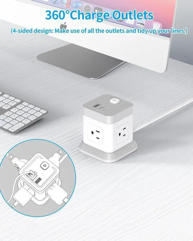 Alt view image 5 of 5 - FDTEK Cube Power Strip USB C, 4 Outlets 3 USB 10 FT Extension Cord White | 10ft Long Extension Cord Cube Design Saves Space Overload Protection for Home Office Desk & Travel Use ETL Listed