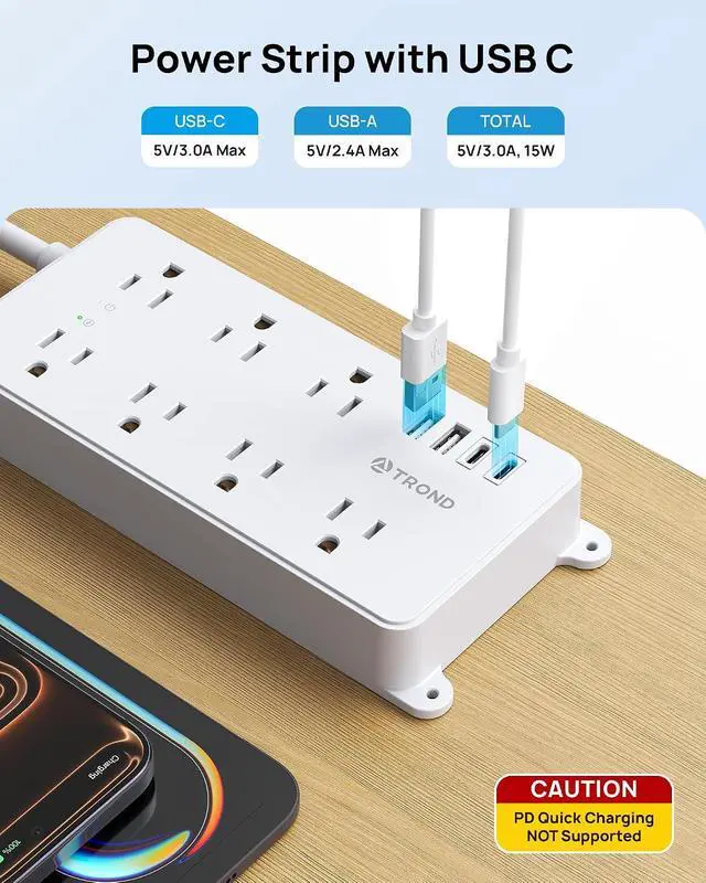 Alt view image 2 of 7 - TROND Power Strip Surge Protector, ETL Listed, 1700J Surge Protection | Flat Plug 5ft Extension Cord, 7 Widely Spaced Outlets with 2 USB A and 2 USB C, Wall Mount, for Home, Office Garage, White