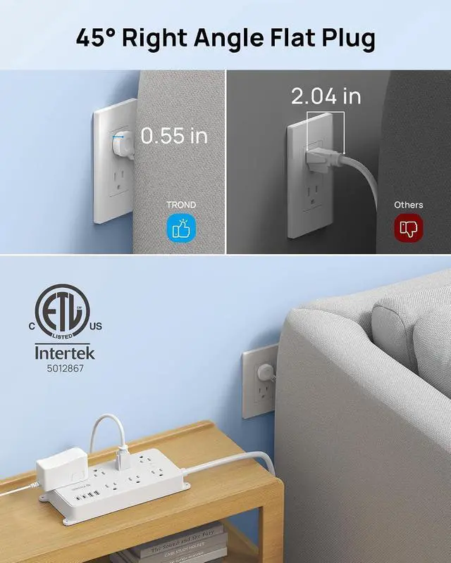 Alt view image 3 of 7 - TROND Power Strip Surge Protector, ETL Listed, 1700J Surge Protection | Flat Plug 5ft Extension Cord, 7 Widely Spaced Outlets with 2 USB A and 2 USB C, Wall Mount, for Home, Office Garage, White