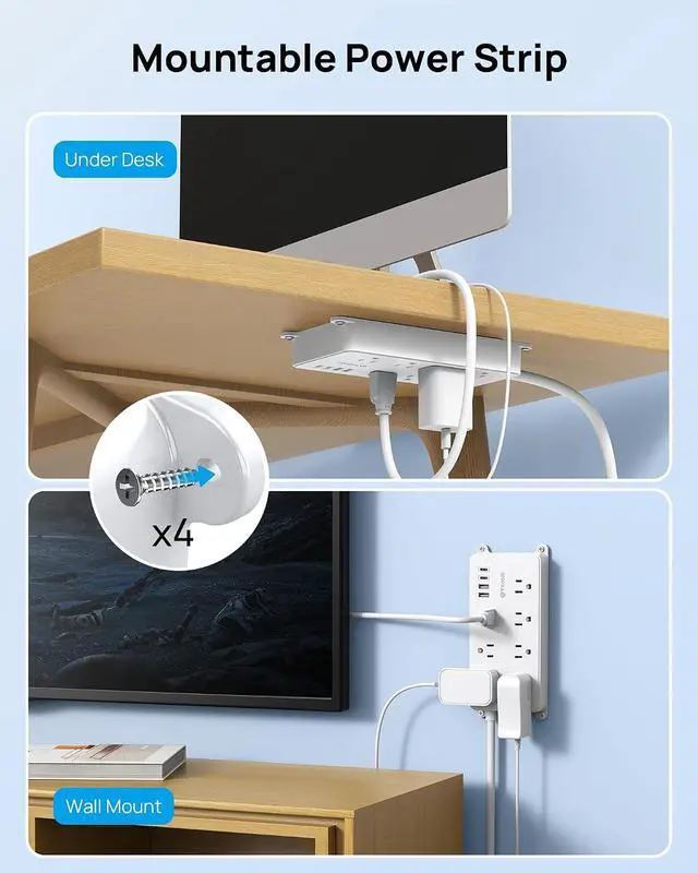 Alt view image 6 of 7 - TROND Power Strip Surge Protector, ETL Listed, 1700J Surge Protection | Flat Plug 5ft Extension Cord, 7 Widely Spaced Outlets with 2 USB A and 2 USB C, Wall Mount, for Home, Office Garage, White