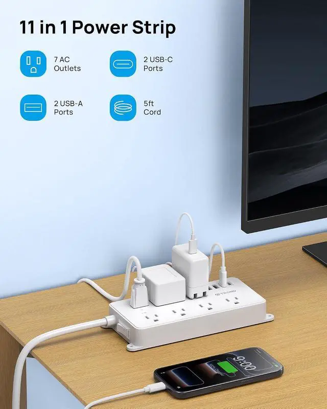 Alt view image 7 of 7 - TROND Power Strip Surge Protector, ETL Listed, 1700J Surge Protection | Flat Plug 5ft Extension Cord, 7 Widely Spaced Outlets with 2 USB A and 2 USB C, Wall Mount, for Home, Office Garage, White