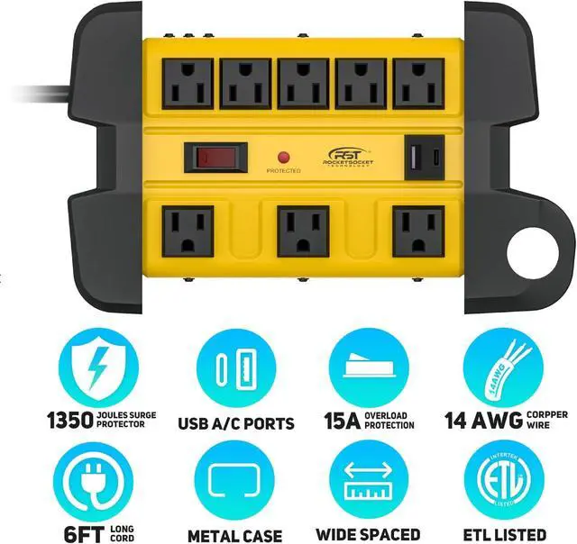 Alt view image 2 of 6 - CRST 8-Outlet Heavy Duty Surge Protector Power Strip with USB-C, ETL Listed | Metal Industrial Power Bar with 15A Circuit Breaker, 6FT Extension Cord, 1350 Joules for Workshop, Garage, Office, Shop