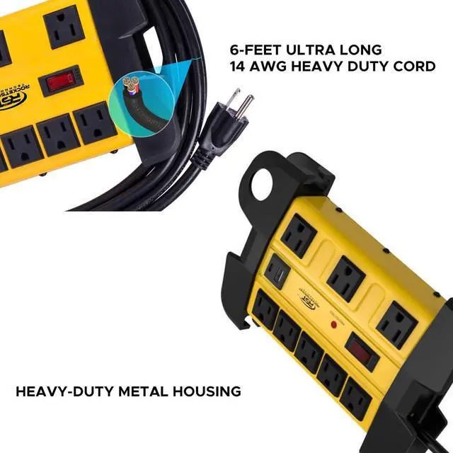 Alt view image 3 of 6 - CRST 8-Outlet Heavy Duty Surge Protector Power Strip with USB-C, ETL Listed | Metal Industrial Power Bar with 15A Circuit Breaker, 6FT Extension Cord, 1350 Joules for Workshop, Garage, Office, Shop