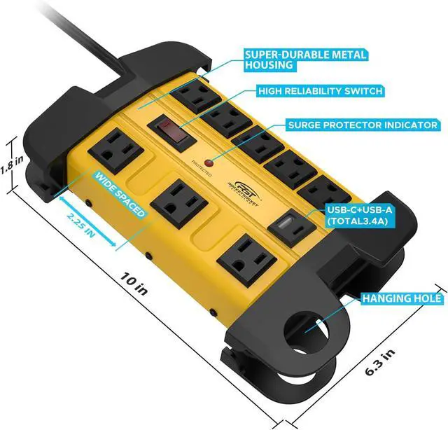 Alt view image 4 of 6 - CRST 8-Outlet Heavy Duty Surge Protector Power Strip with USB-C, ETL Listed | Metal Industrial Power Bar with 15A Circuit Breaker, 6FT Extension Cord, 1350 Joules for Workshop, Garage, Office, Shop
