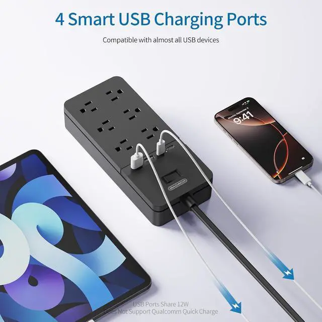 Alt view image 4 of 7 - 2 Prong Power Strip with 10ft Extension Cord, NTONPOWER 2 Prong to 3 Prong Outlet Adapter with 6 Outlets 4 USB Ports(2 USB C), Wall Mount for Old House Non-Grounded Outlet