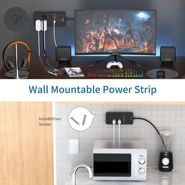 Alt view image 5 of 7 - 2 Prong Power Strip with 10ft Extension Cord, NTONPOWER 2 Prong to 3 Prong Outlet Adapter with 6 Outlets 4 USB Ports(2 USB C), Wall Mount for Old House Non-Grounded Outlet