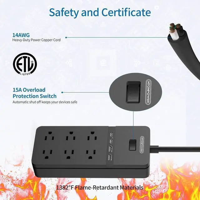 Alt view image 7 of 7 - 2 Prong Power Strip with 10ft Extension Cord, NTONPOWER 2 Prong to 3 Prong Outlet Adapter with 6 Outlets 4 USB Ports(2 USB C), Wall Mount for Old House Non-Grounded Outlet