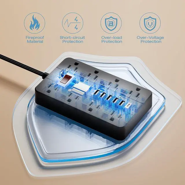 Alt view image 6 of 7 - Power Strip with USB Ports, HUNIAN 5 Ft Extension Cord Flat Plug with 8 Outlets, 6 USB Charger(1 USB C Port), Indoor Desk Charging Station Outlet Extender for Home and Office Accessories, Black