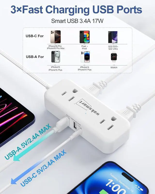 Alt view image 3 of 7 - Flat Plug Extension Cord 6 Feet with 4 AC Outlets 3 USB Ports (5V/3.4A 17W) | Flat Plug Power Strip Compact for College Dorm, Travel, Home, White