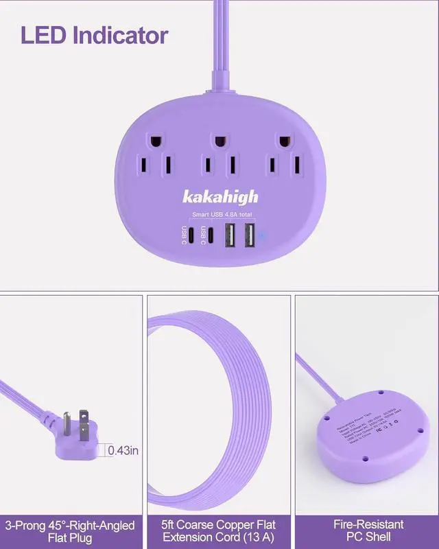 Alt view image 3 of 7 - Purple Extension Cord with USB C - 5 FT Flat Power Strip | 1625W Cute Extension Cord with 3 AC Outlet 4 USB (24W/4.8A), Compact for Cute Purple Kawaii Lavender Accessories
