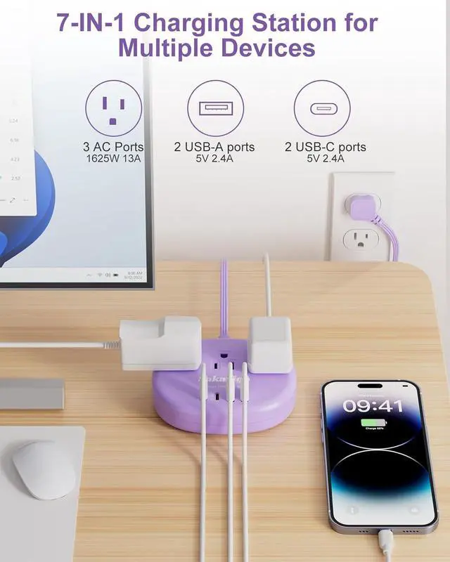 Alt view image 5 of 7 - Purple Extension Cord with USB C - 5 FT Flat Power Strip | 1625W Cute Extension Cord with 3 AC Outlet 4 USB (24W/4.8A), Compact for Cute Purple Kawaii Lavender Accessories