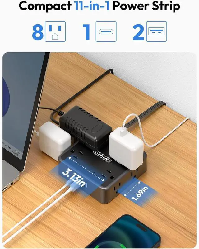 Alt view image 3 of 6 - NTONPOWER Flat Extension Cord 25 FT in Black with 8 Widely Outlets 3 USB Ports (1 USB C), Long Power Strip, Wall Mountable, Flat Plug Desk Charging Station Dorm Room Essentials