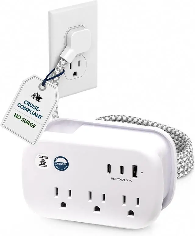 Main image of Cruise Approved Power Strip Non Surge Protector - 3.3 ft Wrapped Travel Extension Cord, 2 USB-C, 1 USB, 3 AC Outlet, Cruise Ship Essentials for Carnival, Princess & Major Lines in 2026 & 2027
