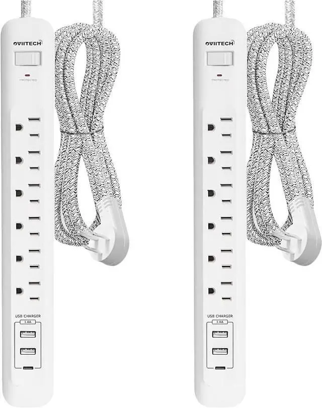 Main image of 2 Pack Power Strip Surge Protector - 6 Outlets 3 USB Charging Ports (1 USB C), 10Ft Extension Cord, Flat Plug, Overload Protection, Wall Mount for Office Home, Dorm Room White