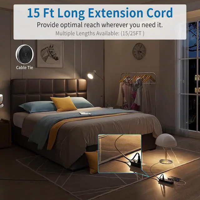 Alt view image 4 of 7 - Flat Extension Cord 15 Ft, NTONPOWER Ultra Thin Flat Extension Cord Under Carpet, Rug, Door, Wall Mount Power Strip Flat Plug with 4 Outlets 3 USB(1 USB-C), Overload Protection for Home Office, Black