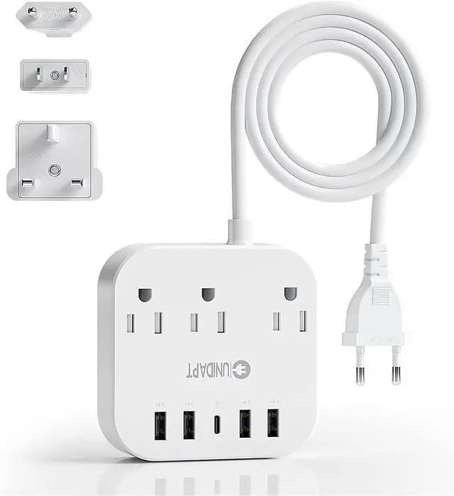 Main image of European Plug Adapter, Unidapt US to UK Europe Power Strip for EU/UK/US with USB C and 4 USB Ports, 3 AC Outlets, Wall Mountable, 5ft Extension Cord, for Travel Cruise Ship Home