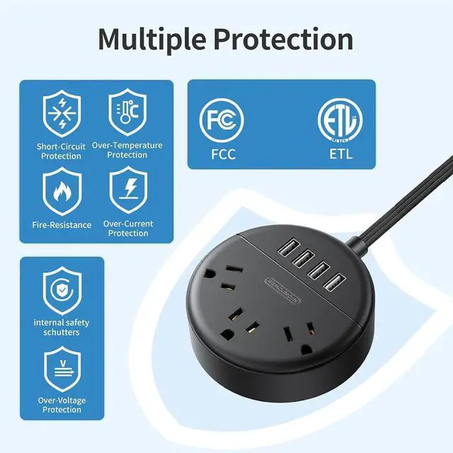 Alt view image 7 of 7 - Flat Extension Cord 10 ft, NTONPOWER Ultra Thin Flat Plug Power Strip with 4 USB Ports & 3 Outlets, Wall Mountable, Desktop Power Strip, Compact for Home Office, Travel, Dorm Room Essentials, Black