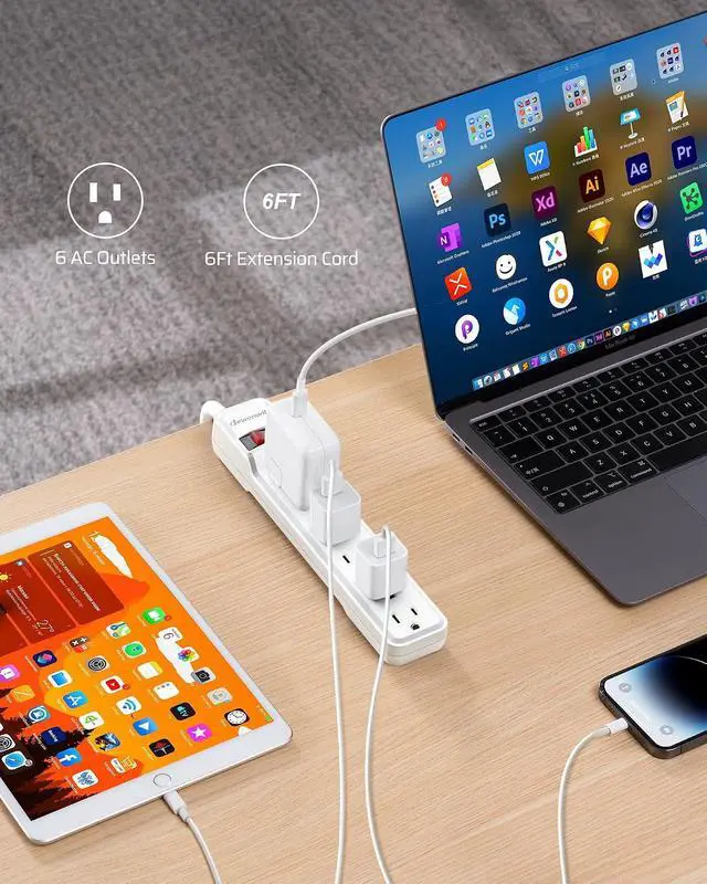 Alt view image 2 of 7 - DEWENWILS 2-Pack 6FT Power Strip Surge Protector with 6-Outlet | Low Profile Flat Plug, 15 Amp Circuit Breaker, 500 Joules, Wall Mount for Office, Living Room, Bedroom, White