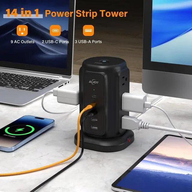 Alt view image 2 of 7 - Power Strip Tower with 9 AC Outlets and 5 USB Ports Charging Station | 1200J Surge Protector, 6.5 Feet Extension Cord with Multiple Outlets for Home Dorm Room Office Supplies Desk Accessories